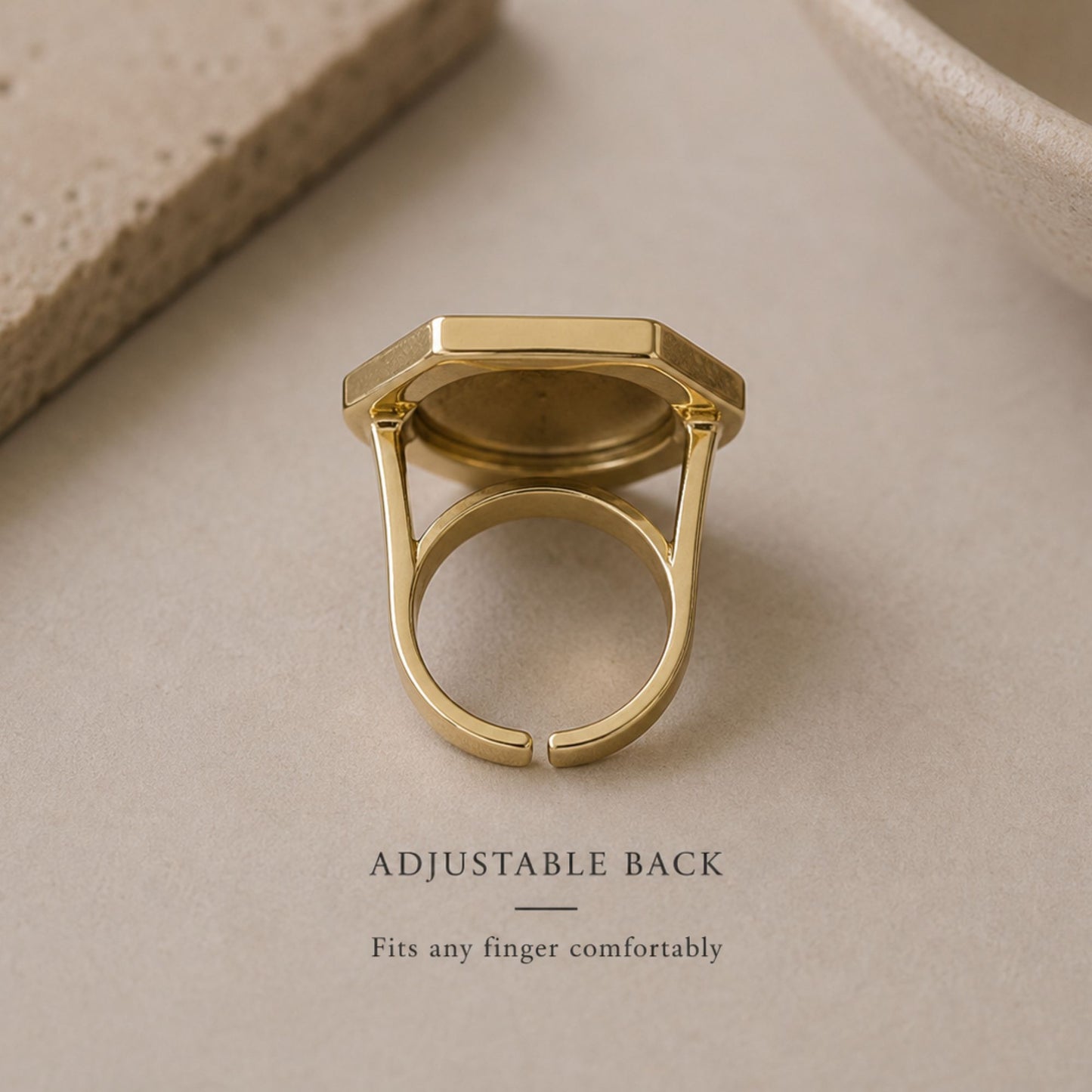 showing back of the ring and it's adjustable back that fits any finger comfortably