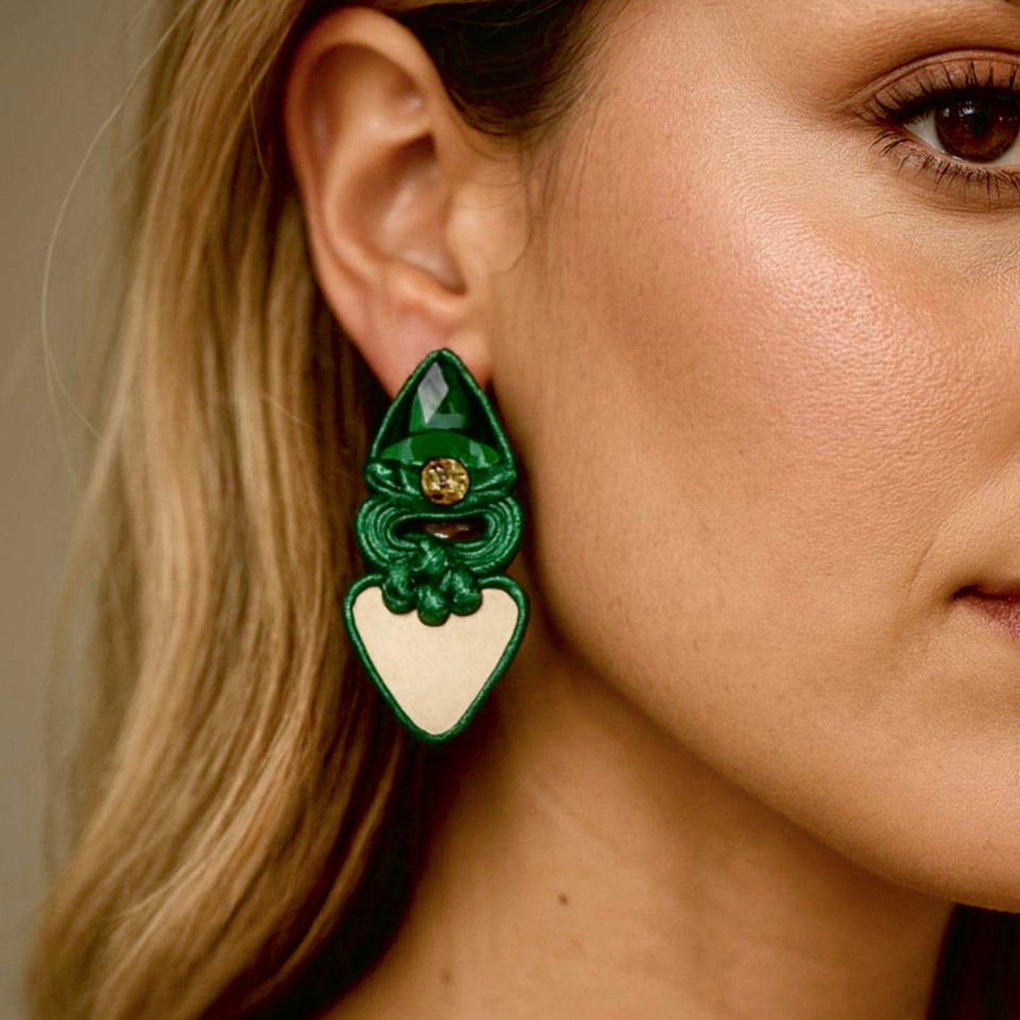 Emerald green mirror drop earrings with gold crystal accent – handmade statement jewelry
