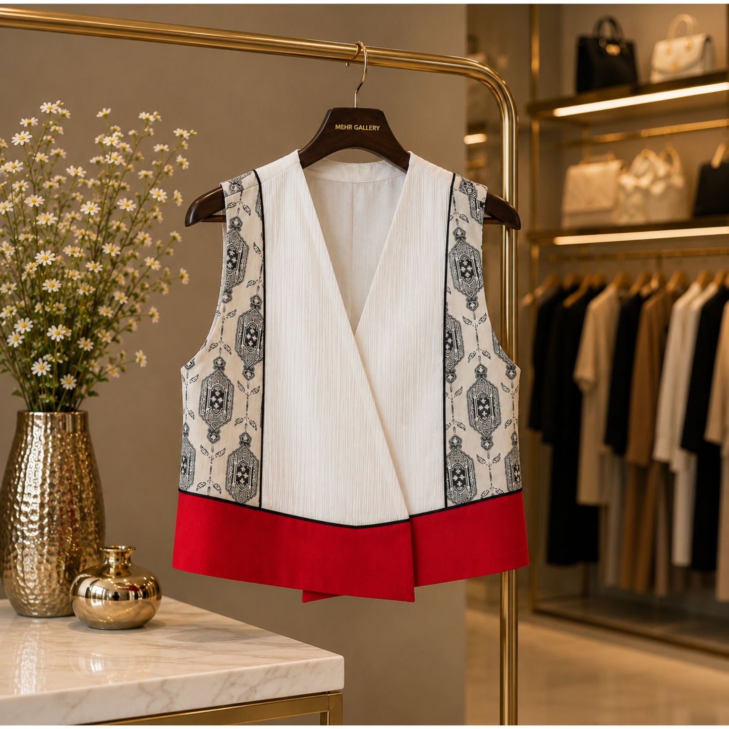 Women's geometric print sleeveless wrap vest paired with tailored black pants, showcasing a white pleated front and striking red hem detail.