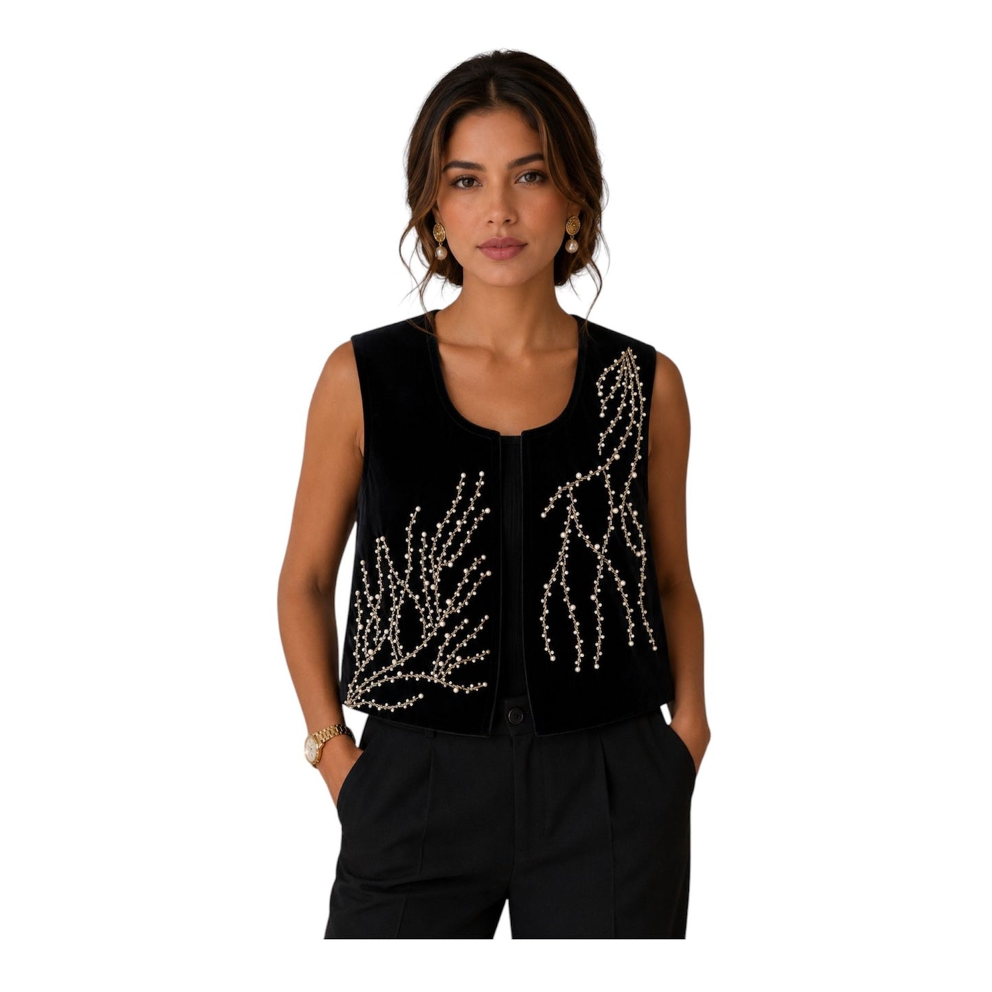 Woman wearing a handmade black velvet pearl beaded vest, elegant statement layering piece by Mehr Gallery.