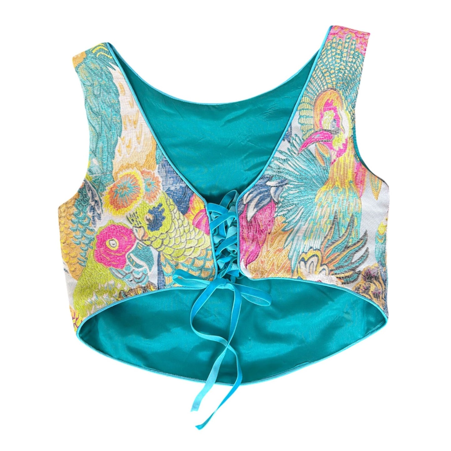 Back of the floral garden patern cop top with tie back