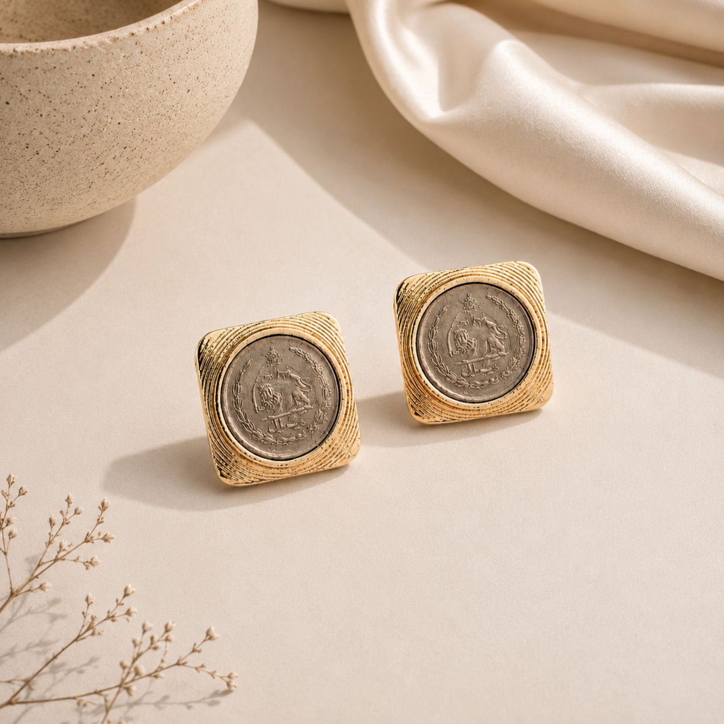 Vintage Pahlavi coin square earrings with textured gold-tone frame