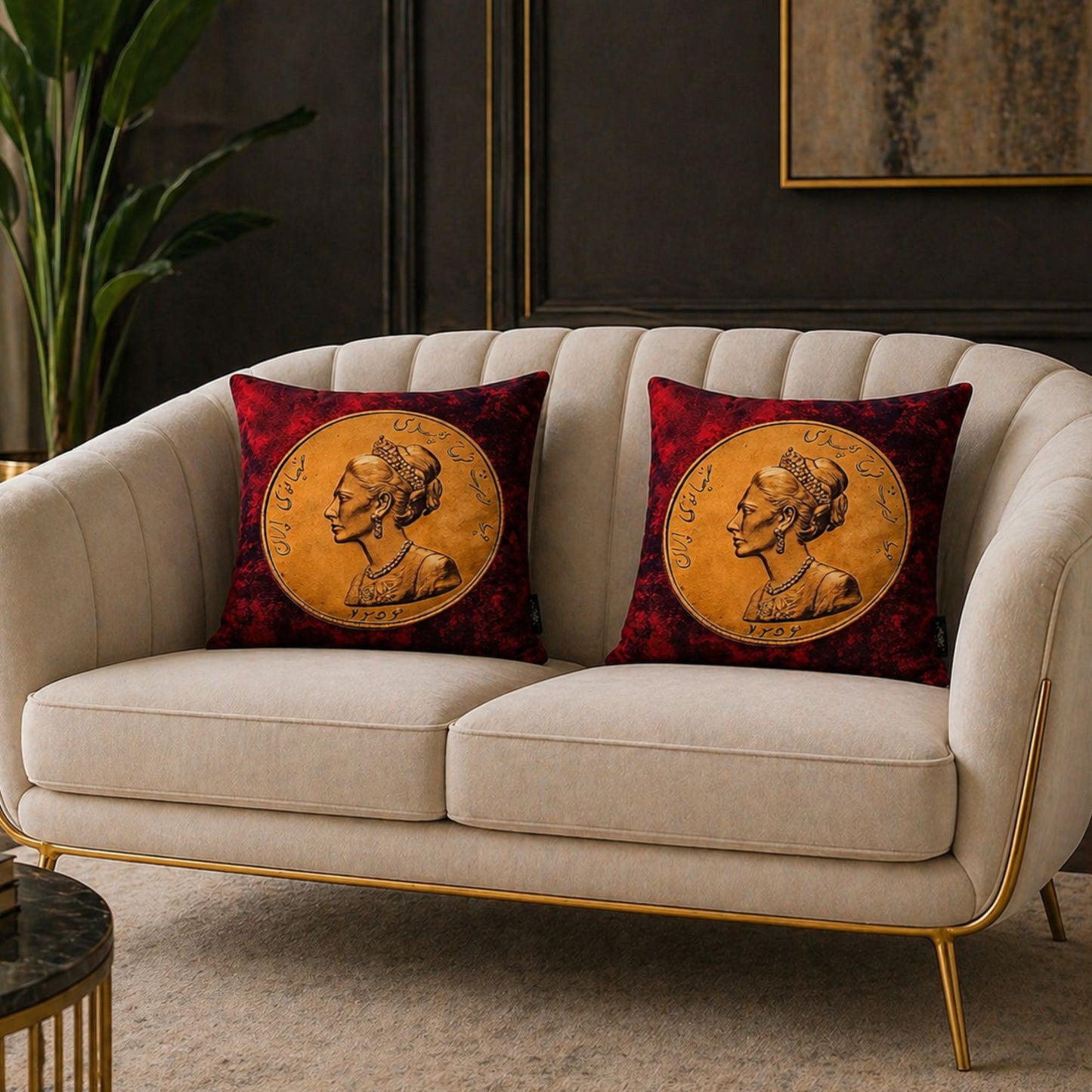 Queen Farah Pahlavi Cushion - Burgundy and Gold Persian Heritage Decorative Pillow