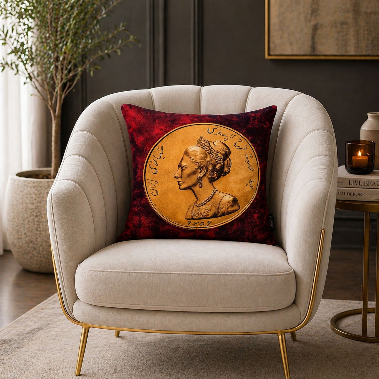 Queen Farah Pahlavi Cushion - Burgundy and Gold Persian Heritage Decorative Pillow