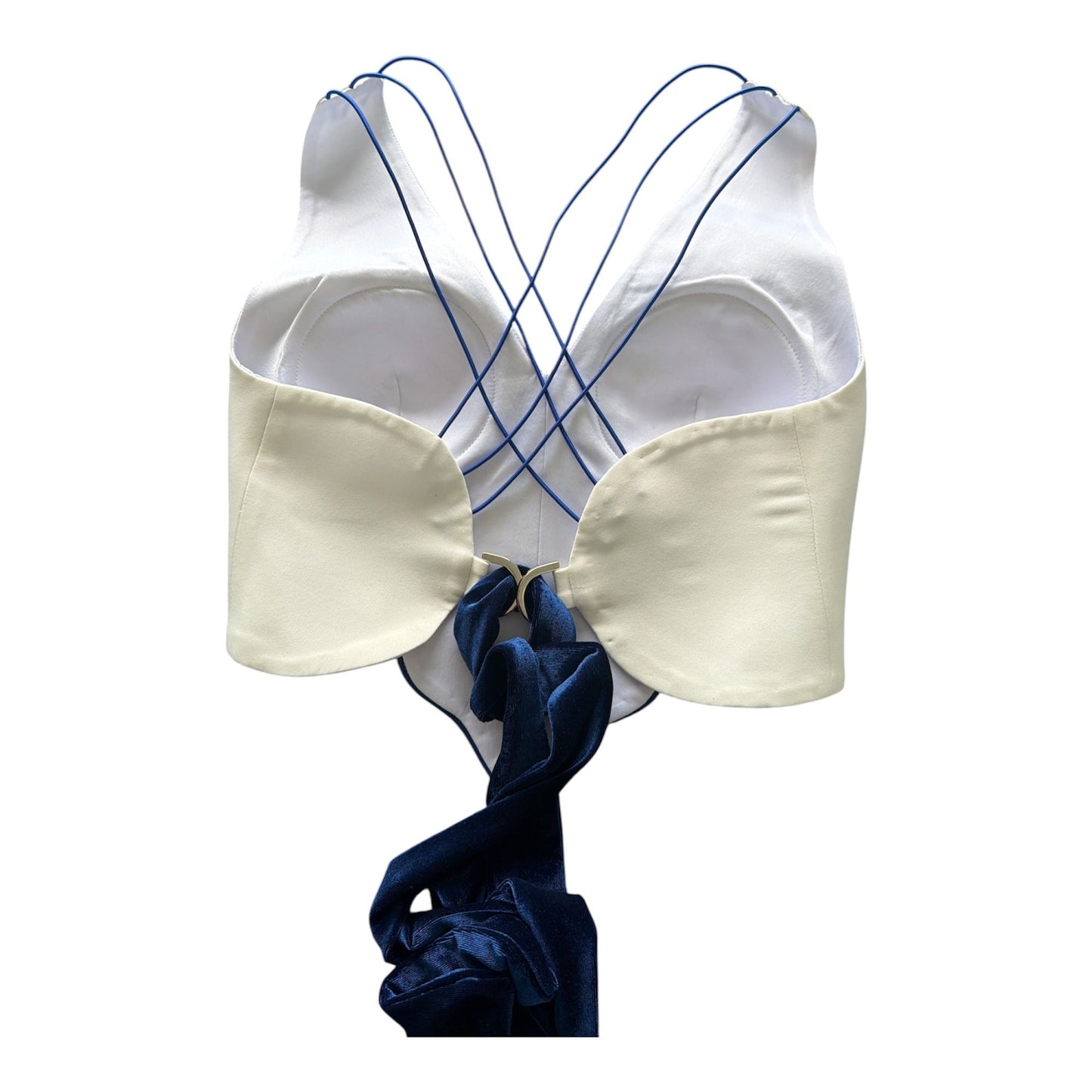 White Corset Crop Top with Embroidery | Velvet Tie Back