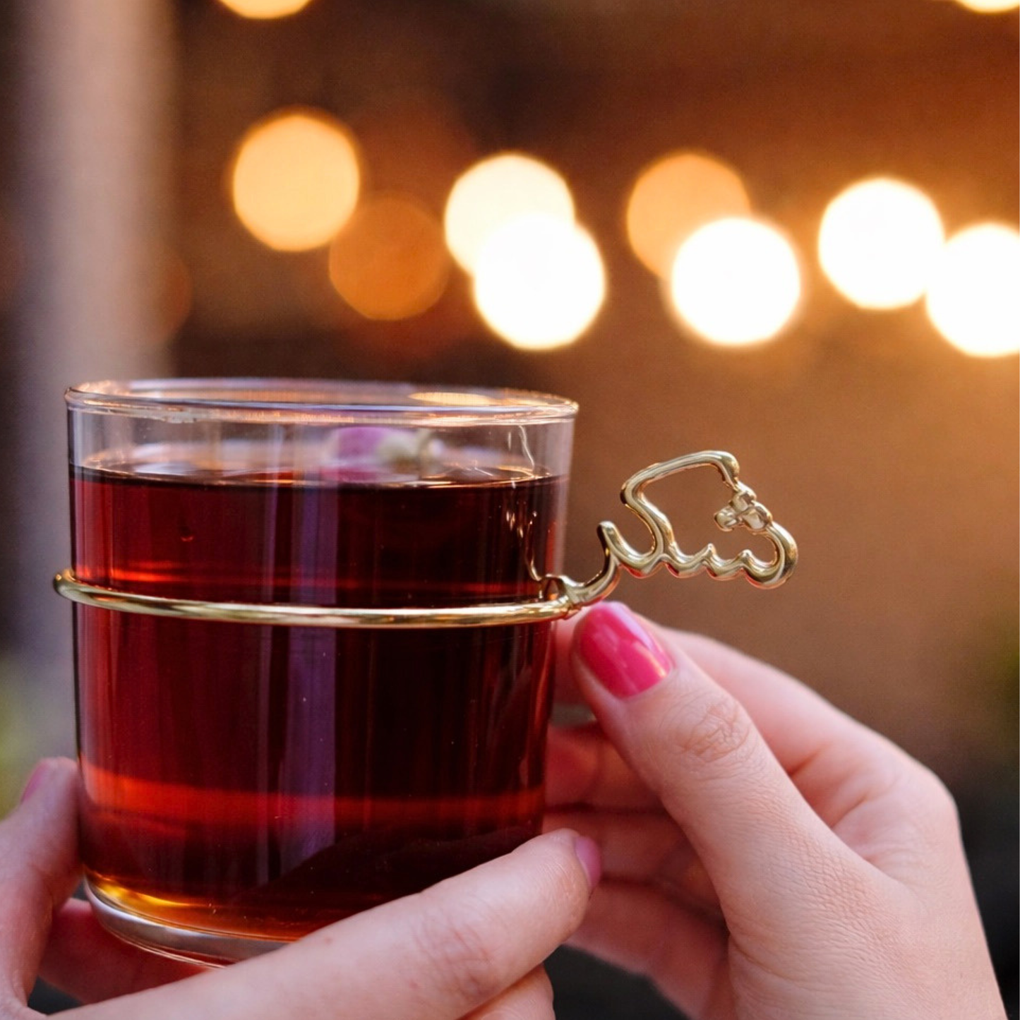 Clear Tea Glass with Gold Calligraphy Handle - Clear Glass Cup (Persian Words)
