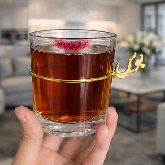 Clear Tea Glass with Gold Calligraphy Handle - Clear Glass Cup (Persian Words)