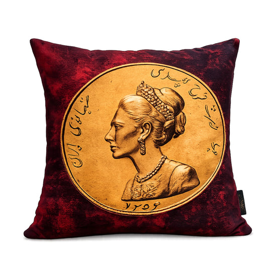 Queen Shahbanou Farah Pahlavi Cushion – Burgundy and Gold Persian Heritage Decorative Pillow