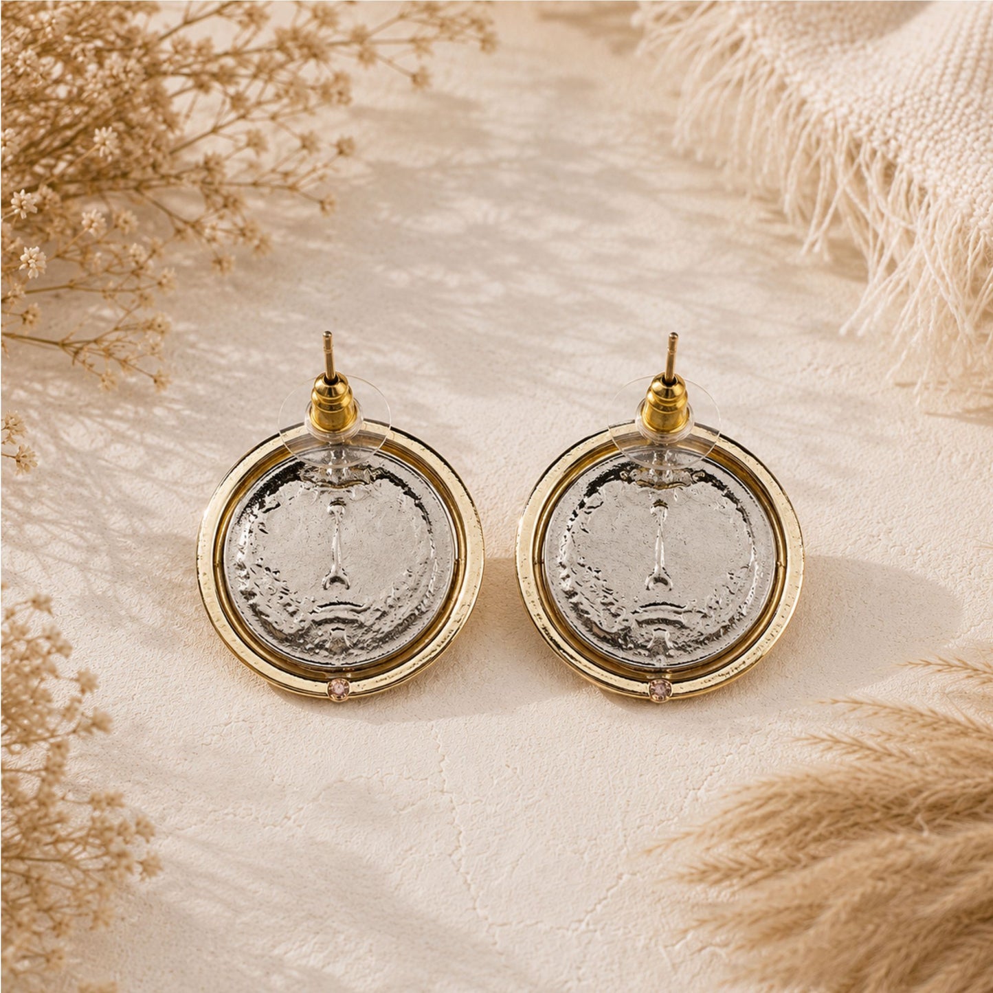 Vintage Pahlavi Coin Fashion Earrings - Silver Coin Studs with Round Gold Tone Frame