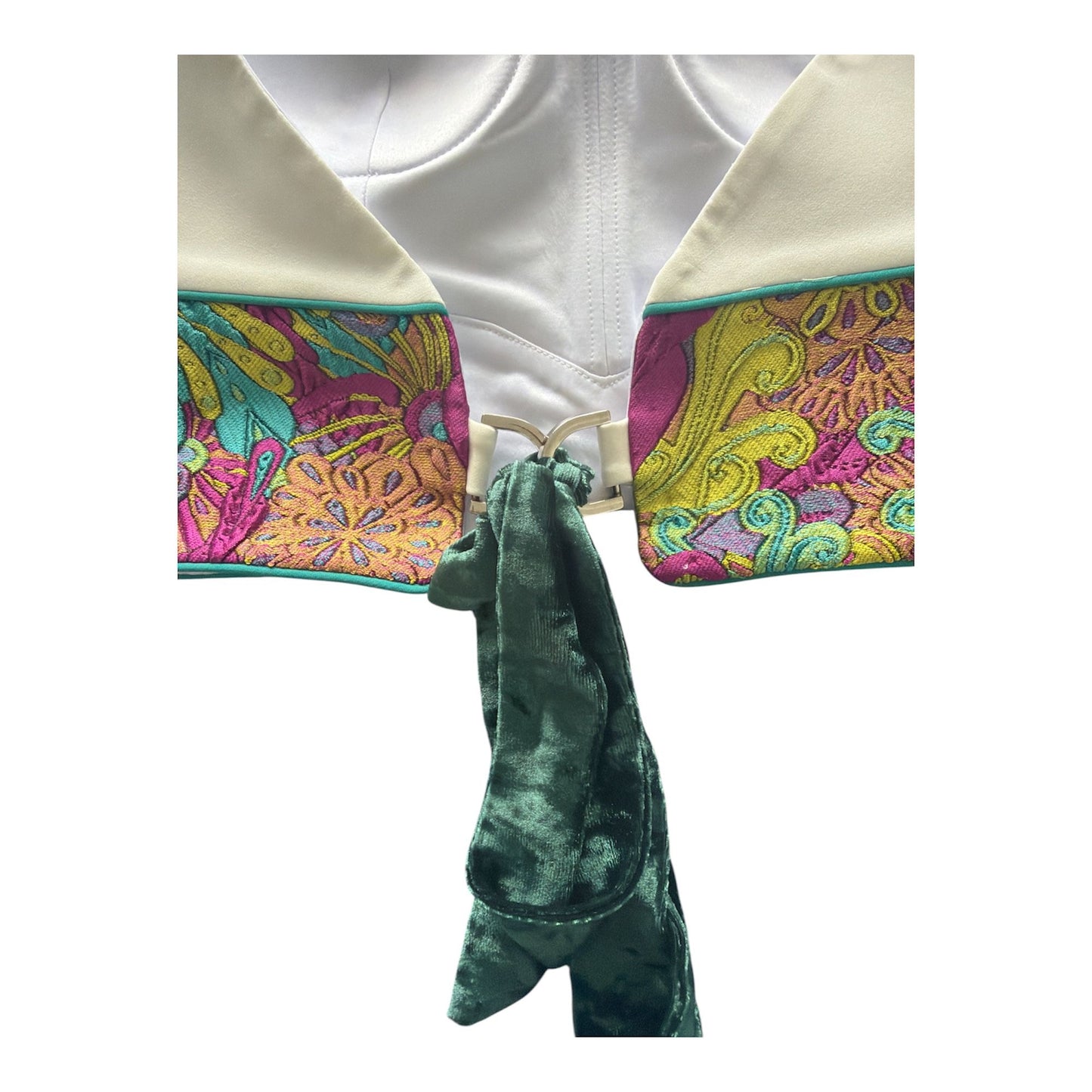 White Corset Crop Top with Embroidery  | Green Velvet Tie Back