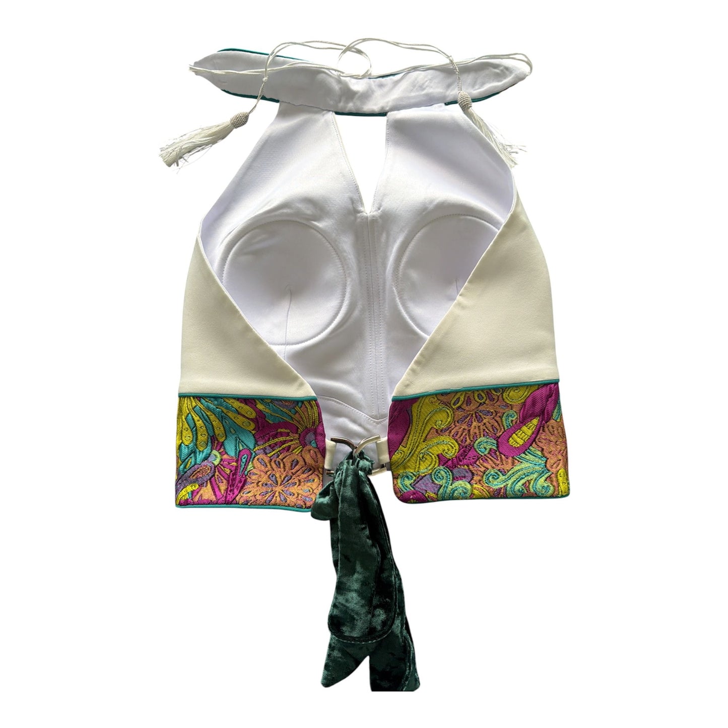 White Corset Crop Top with Embroidery  | Green Velvet Tie Back
