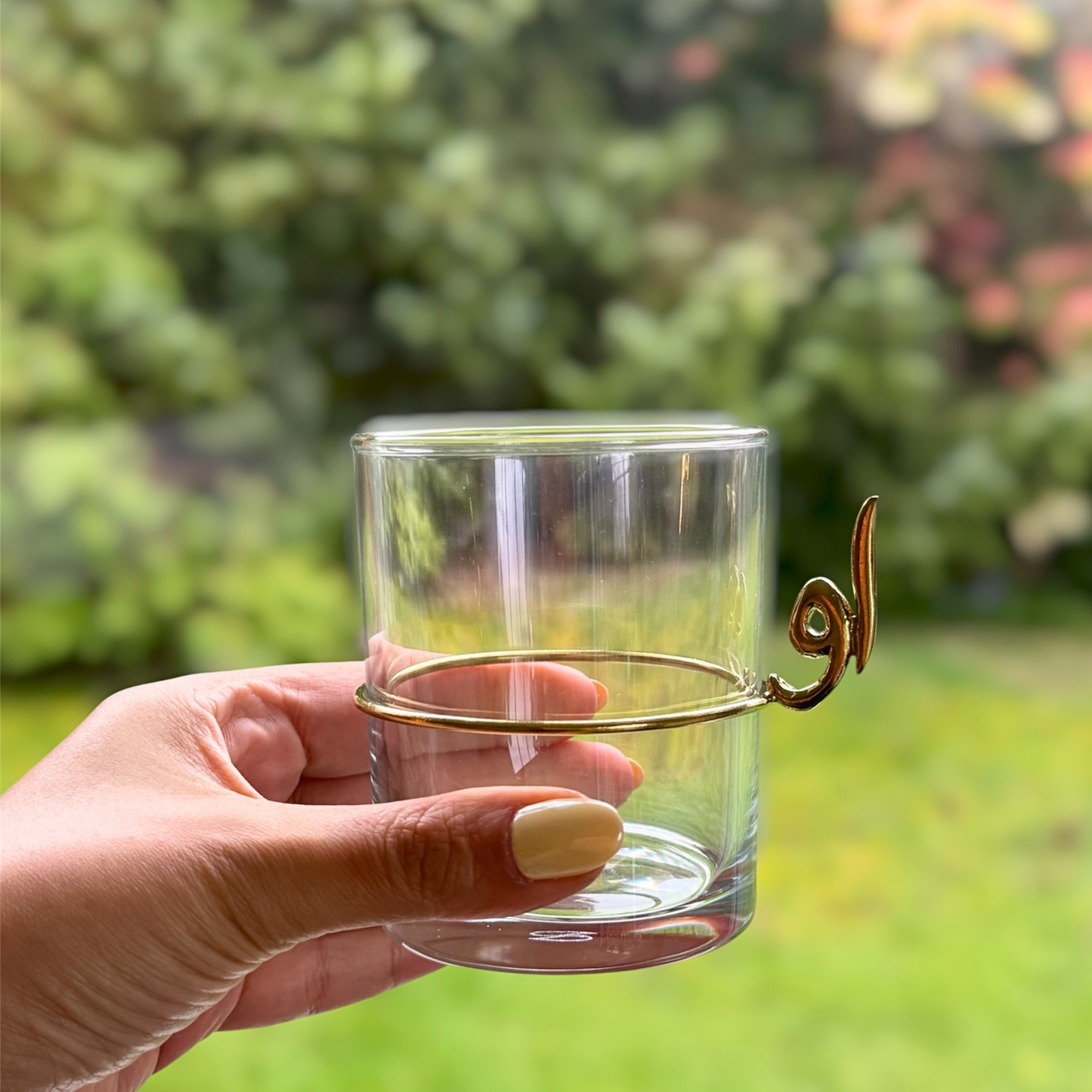 Clear Tea Glass with Gold Calligraphy Handle - Clear Glass Cup (Persian Words)