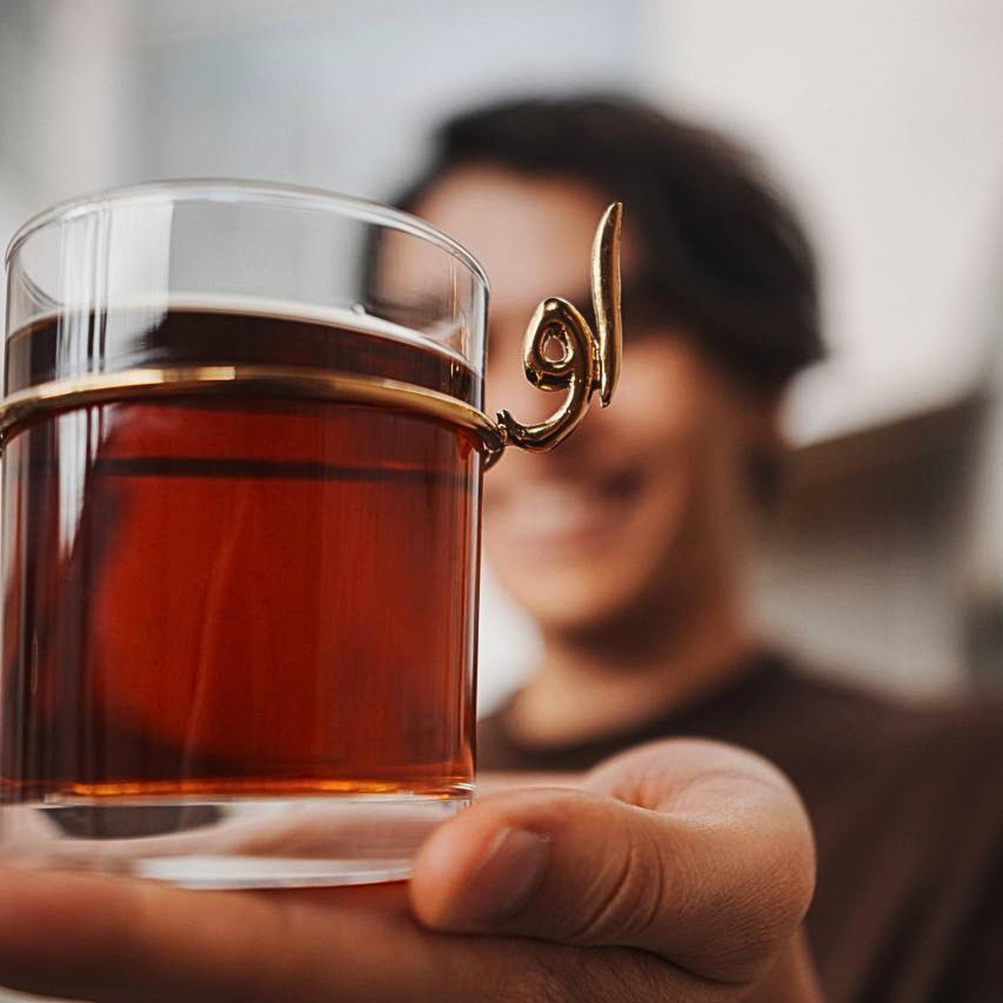 Clear Tea Glass with Gold Calligraphy Handle - Clear Glass Cup (Persian Words)