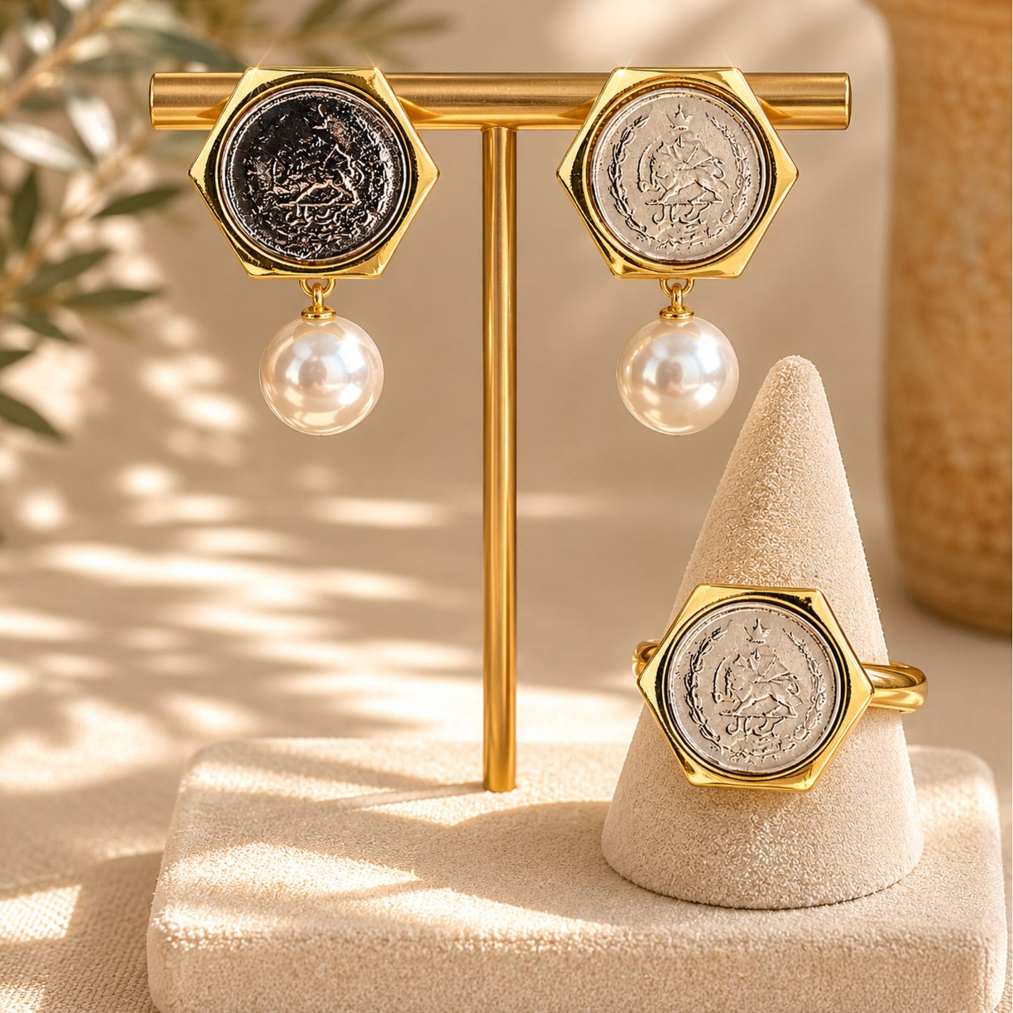Lion & Sun Persian Coin Ring - Adjustable Vintage Statement Fashion Ring - Hexagon Shape