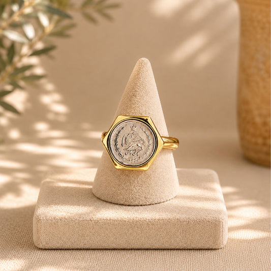Lion & Sun Persian Coin Ring – Adjustable Vintage Statement Fashion Ring - Hexagon Shape
