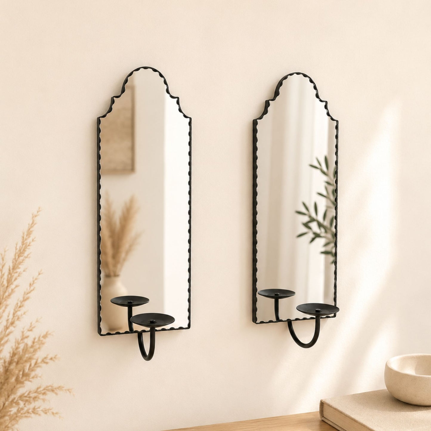 Venetian Style Mirror Candle Holder Wall Sconce - Crystal Drops Accent (37x14cm)