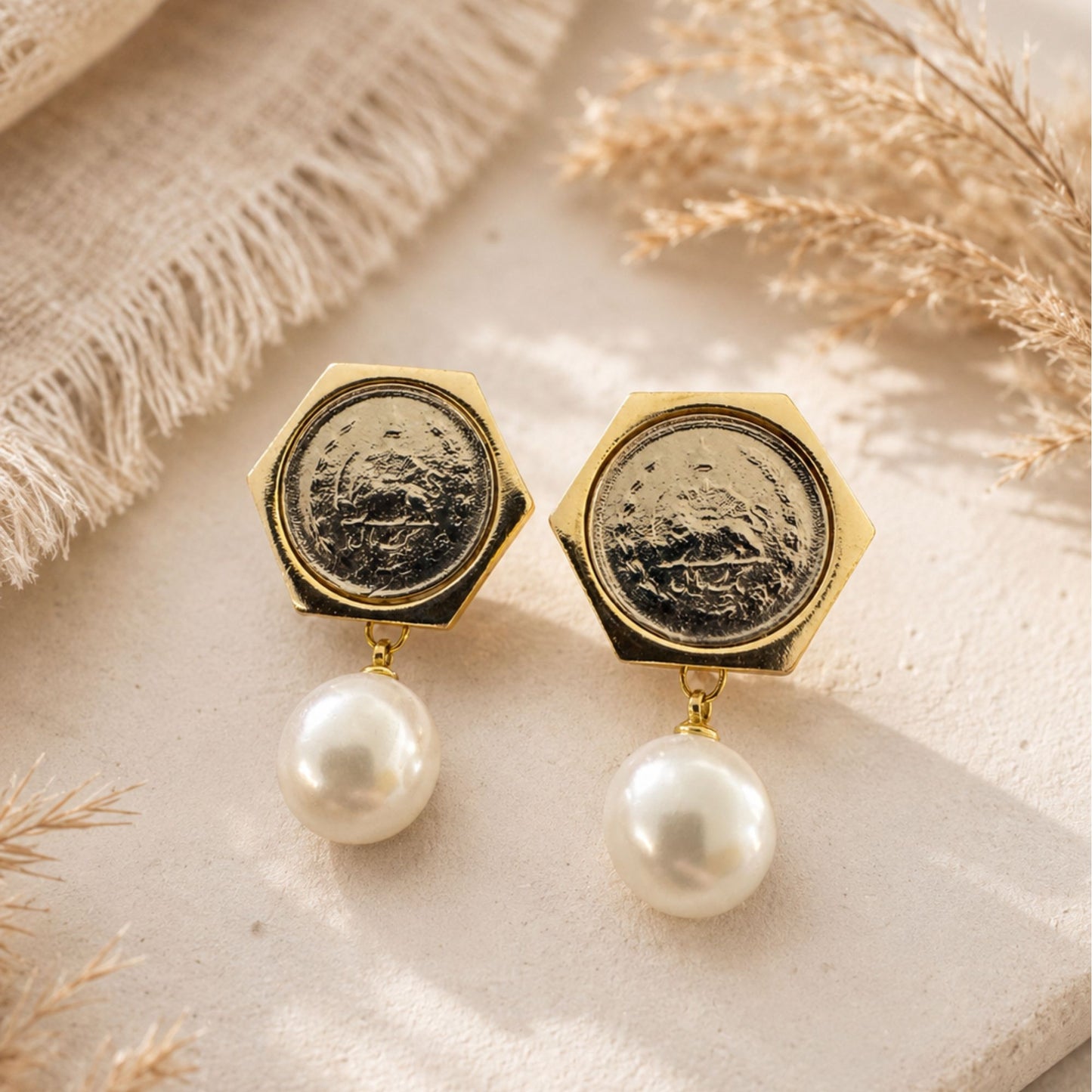 Lion & Sun Persian Coin Faux Pearl Drop Earrings - Gold Tone Frame - Hexagon Shape