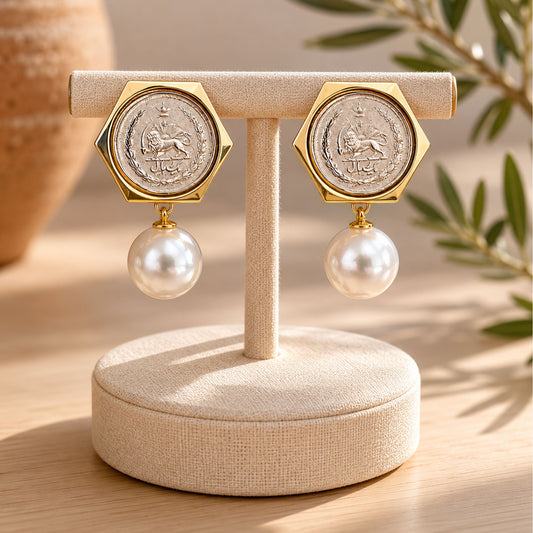 Lion & Sun Persian Coin Faux Pearl Drop Earrings – Gold Tone Frame - Hexagon Shape