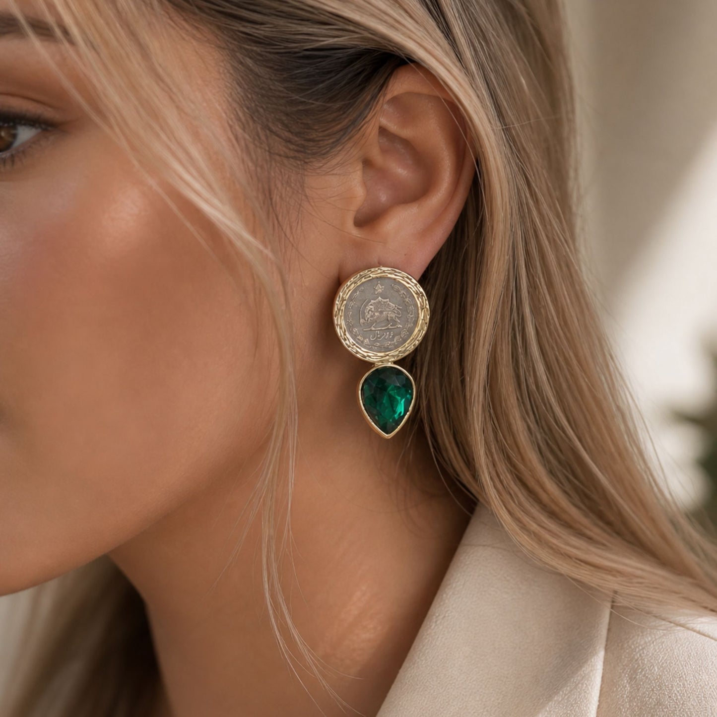 Handmade gold frame Pahlavi coin earrings with green teardrop detail