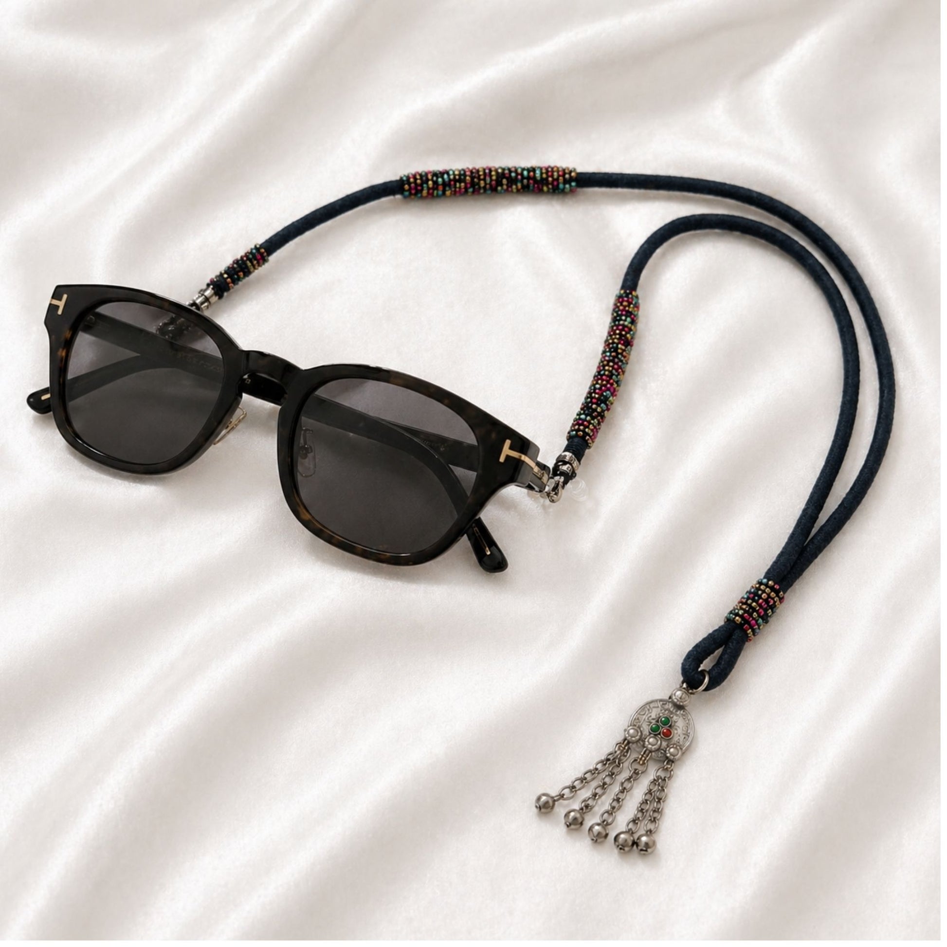handmade black fabric and metal pendent eyewear strap with colorful beads