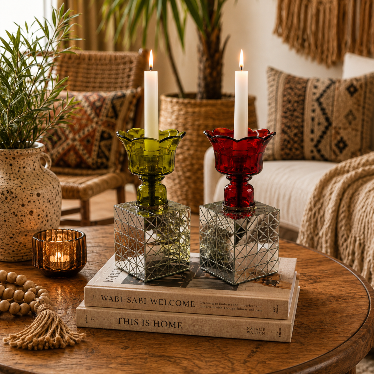 Handcrafted mirror mosaic glass candle holders in Ruby Red and Light Olive Green displayed on a boho coffee table with modern home décor.