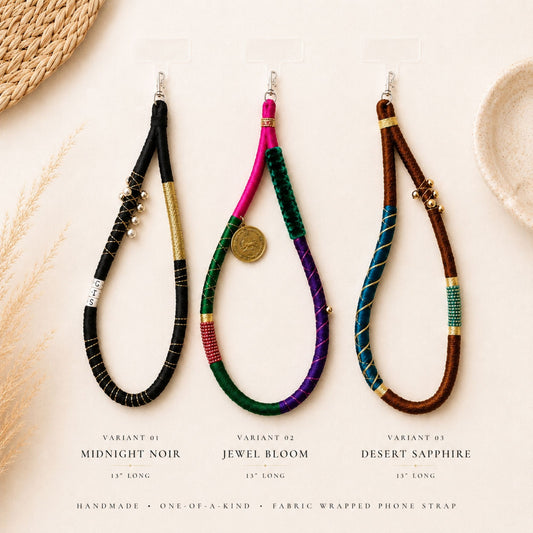 Collection of three handmade fabric wrapped phone straps displayed on a neutral boho background.