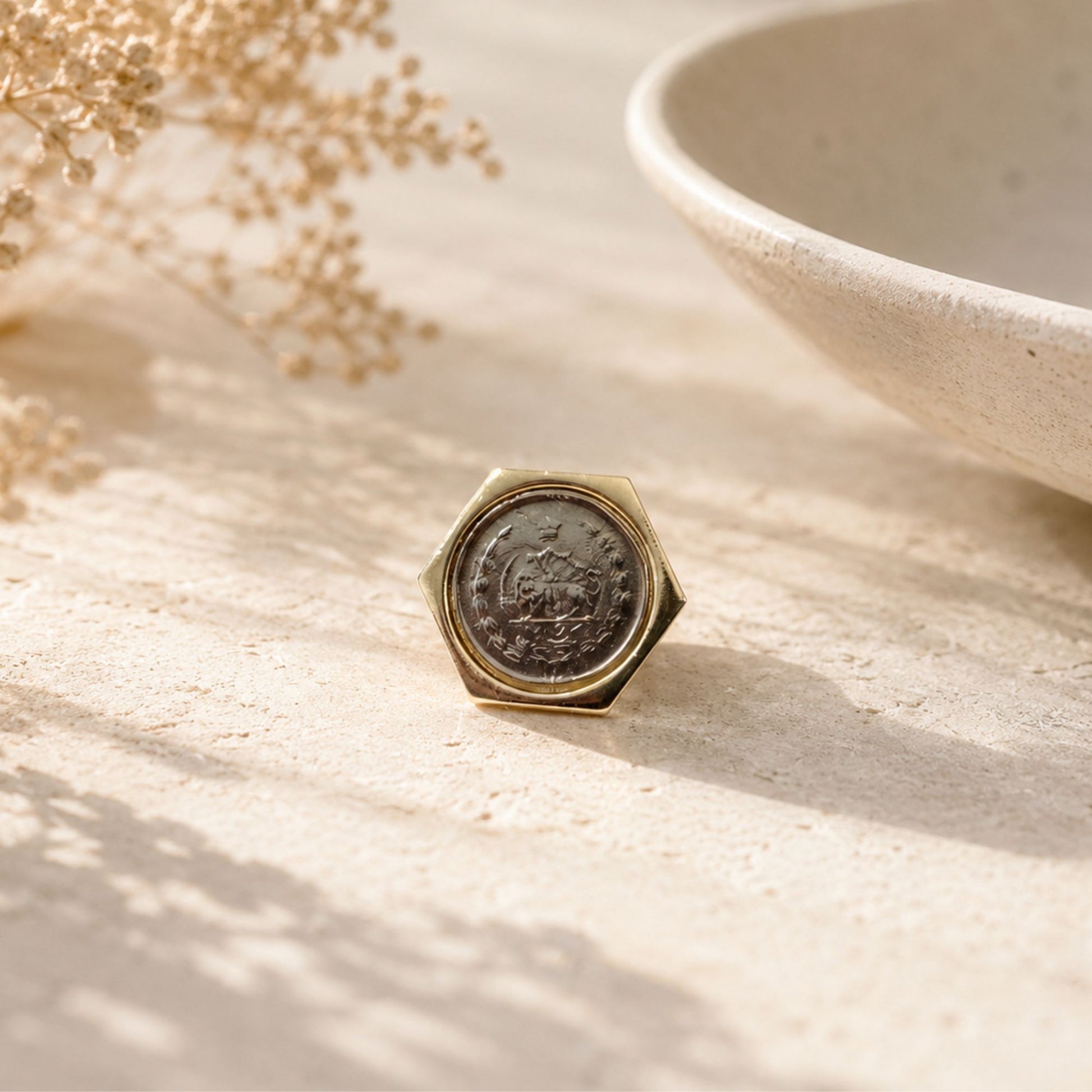 Lion and sun coin ring in Hexagon gold frame set on a table 