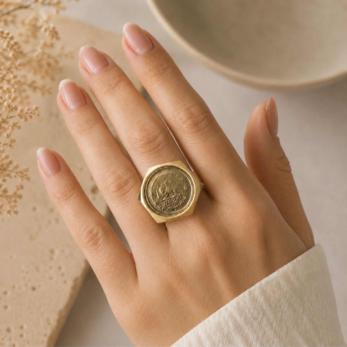 lion ans sun coin ring in hexagon setting 