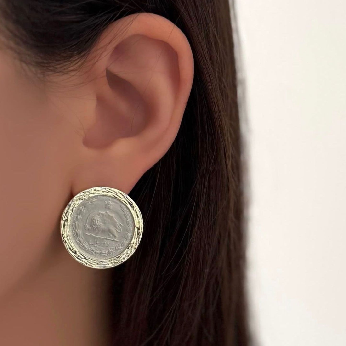 Persian-inspired coin statement earrings in elegant neutral styling
