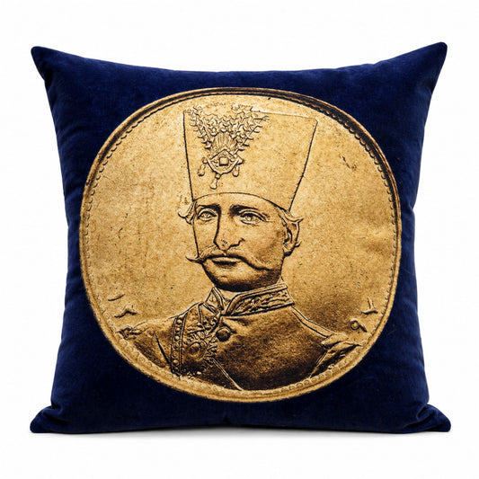 close up of persian royal portrait cushion design of naserdin shah qajar