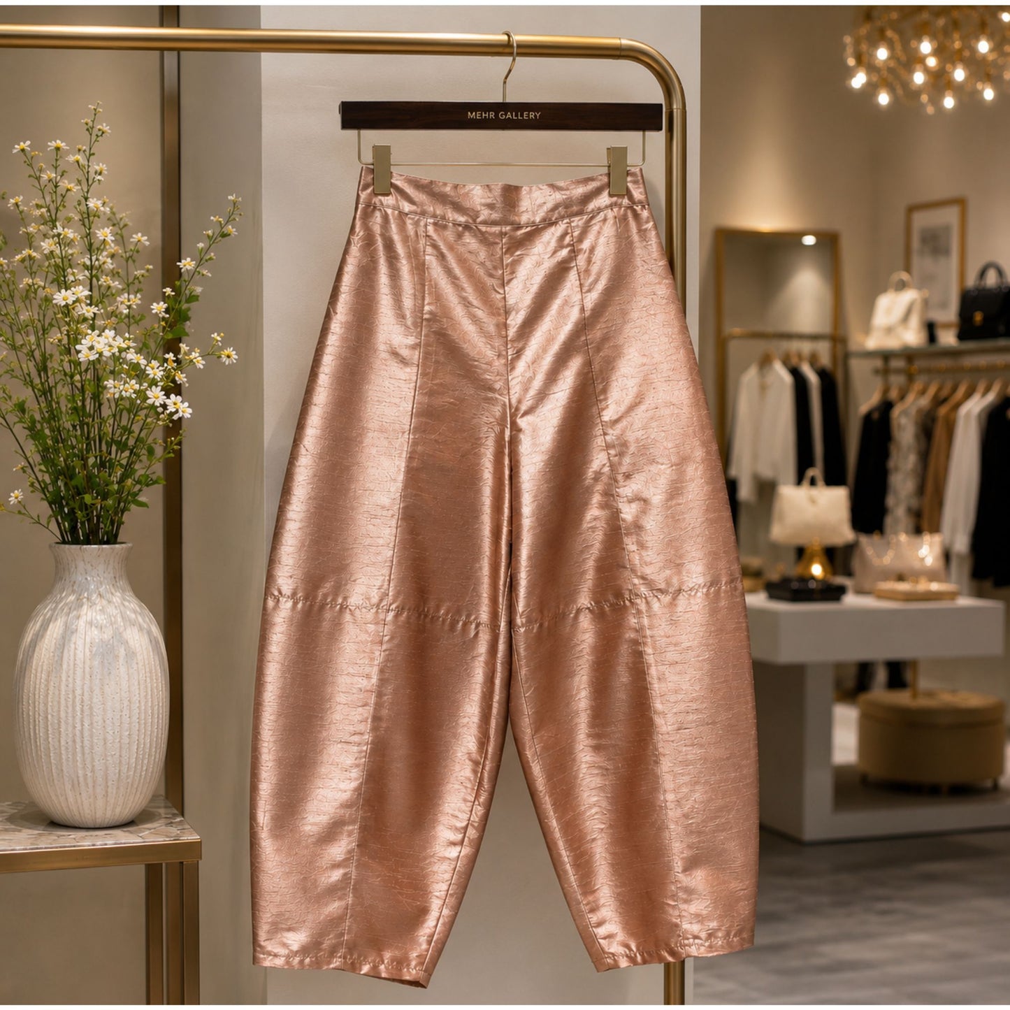 High-waisted rose gold satin-finish taffeta cropped barrel-leg pants displayed on a wooden hanger in a luxury boutique.