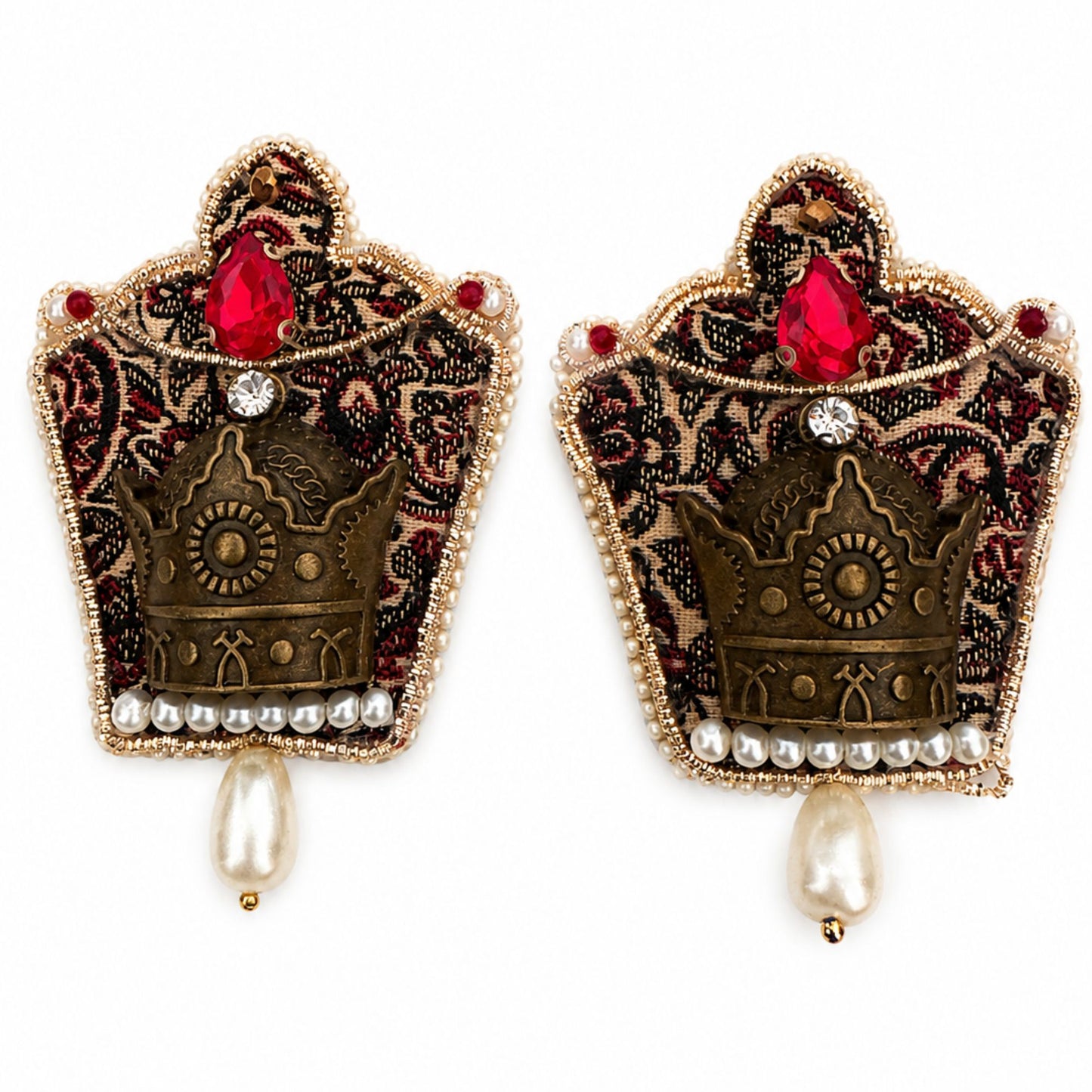 Handmade royal crown statement earrings with red crystal accents and pearl drops