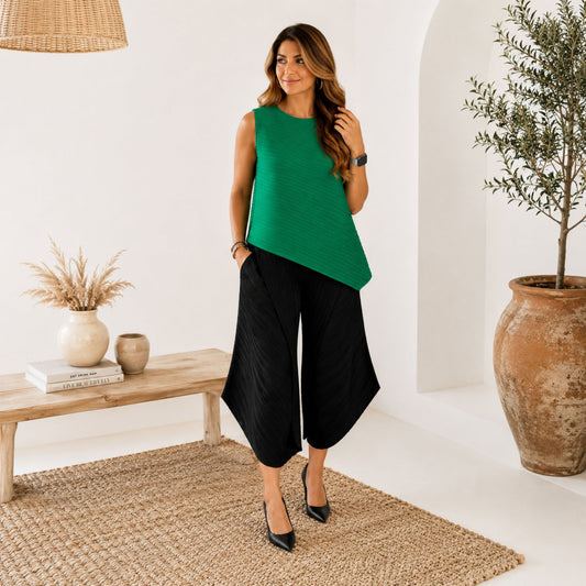 Pleated Sleeveless Top with Asymmetric Hem - One Size - Emerald Green