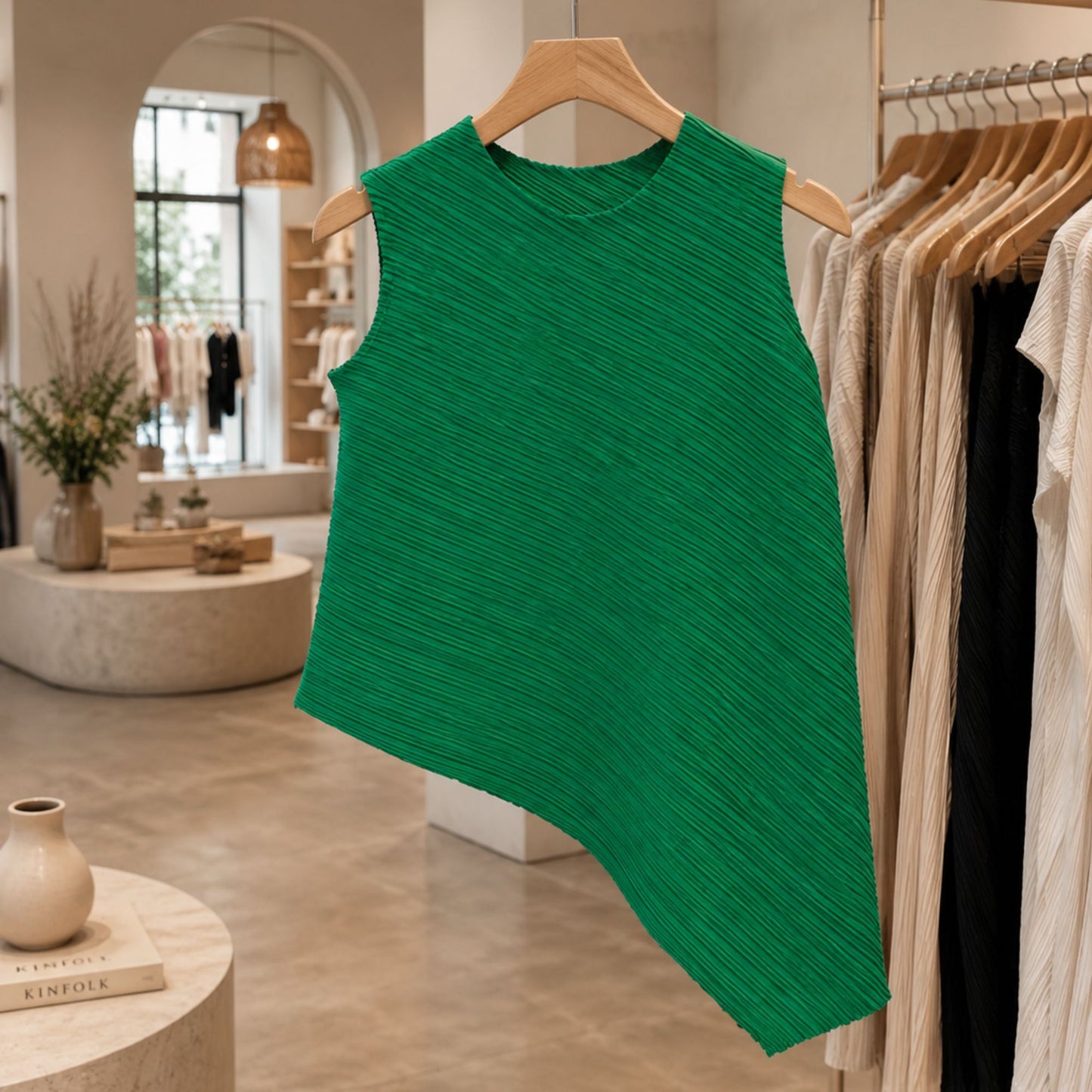 Pleated Sleeveless Top with Asymmetric Hem - One Size - Emerald Green