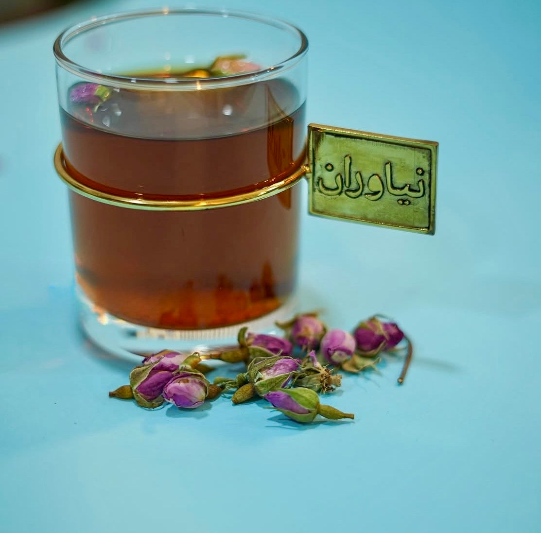Modern clear tea glass gold handle Niavaran Iran inspired design