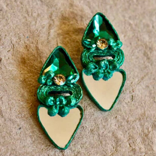 Handmade emerald green mirror earrings with gold crystal detail lightweight statement jewelry