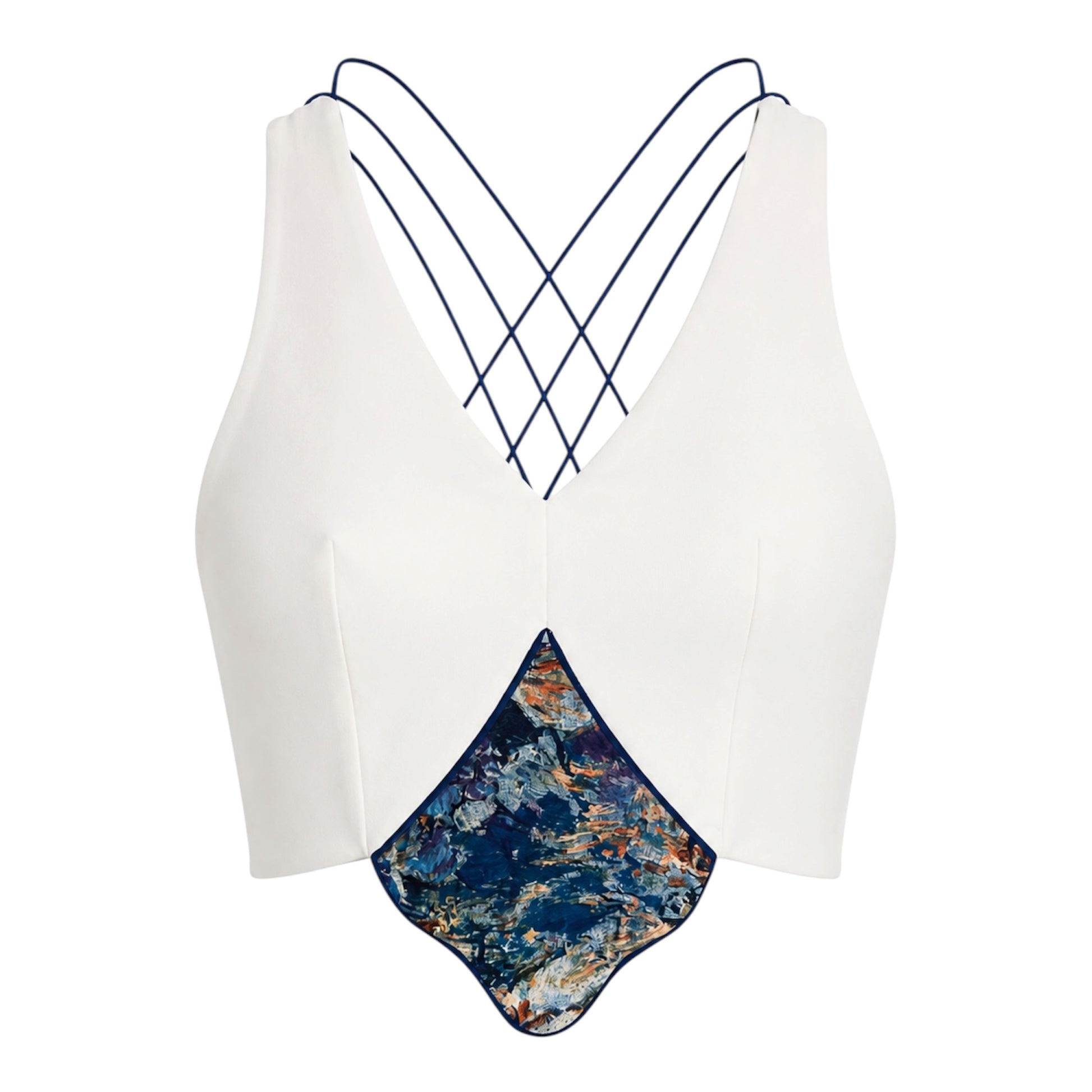 front of the white corset crop top with blue patern embroidey on the waiste