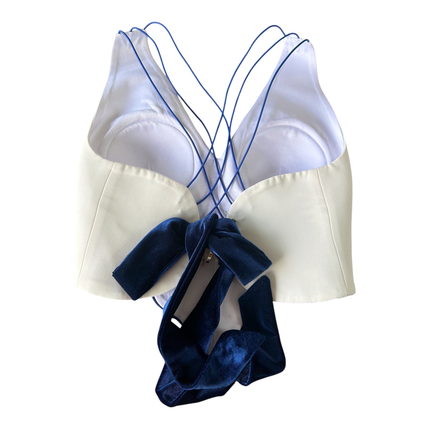 back of the white corset crop top with velvet tie back and spaghetti sptrings