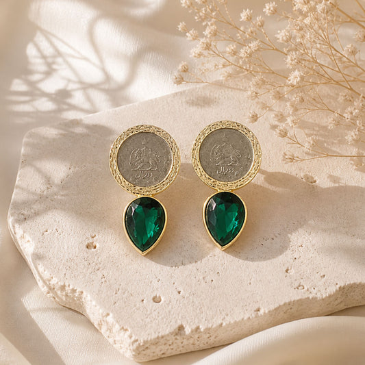 Persian inspired statement earrings with vintage coin and deep green gemstone drop