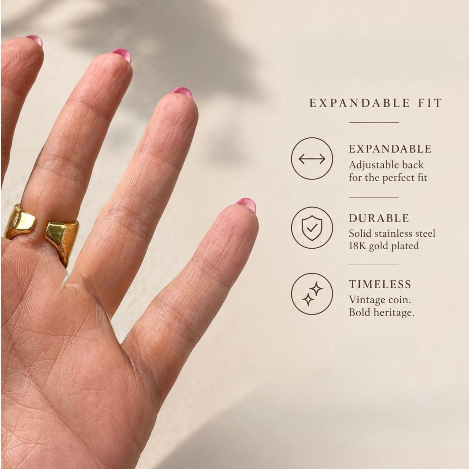 Hand wearing a gold ring with text describing expandable fit, durability, and timeless design.