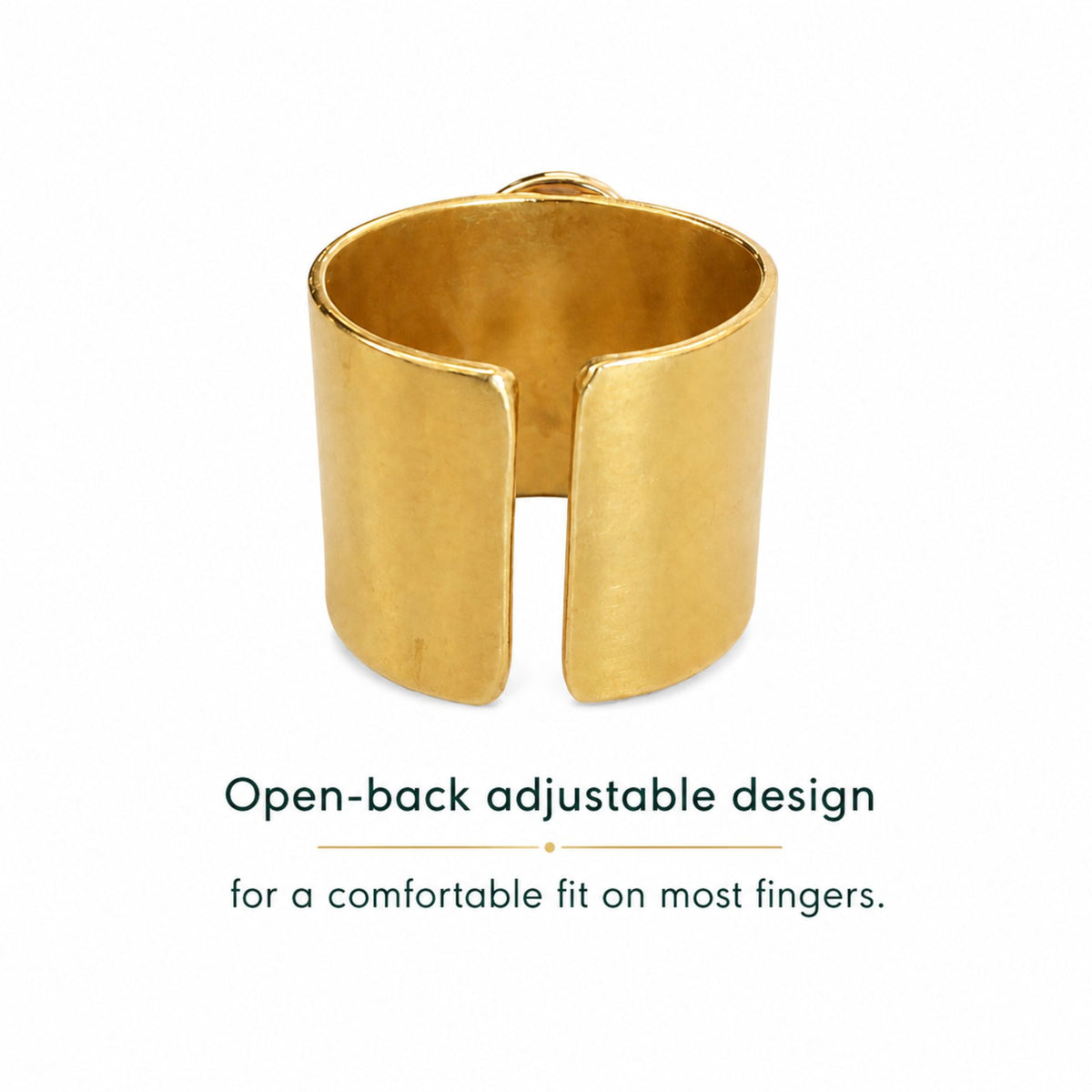 Back view of a wide gold-tone ring showing its adjustable open band, with text describing a comfortable fit on most fingers.