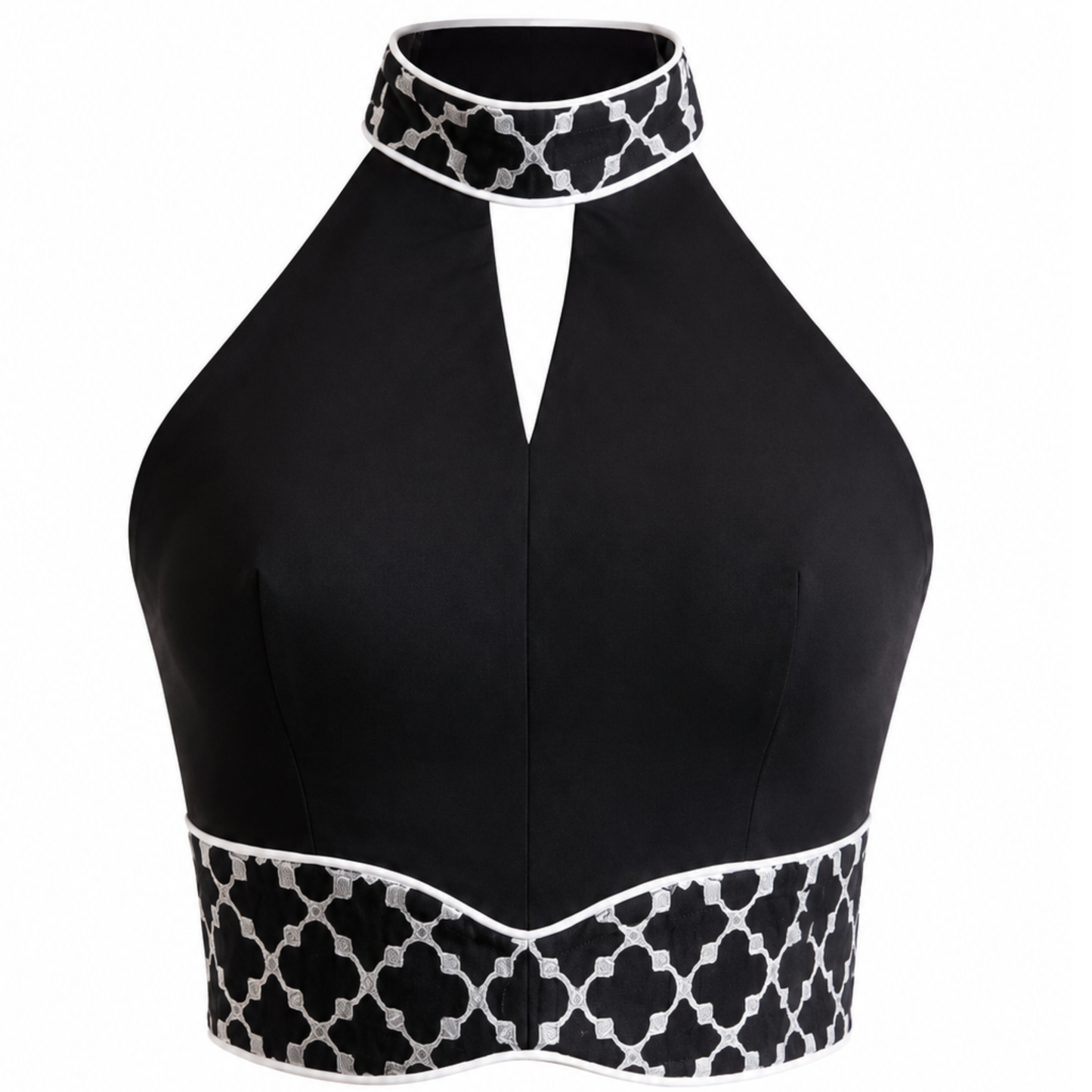 Black halter top with white geometric pattern 