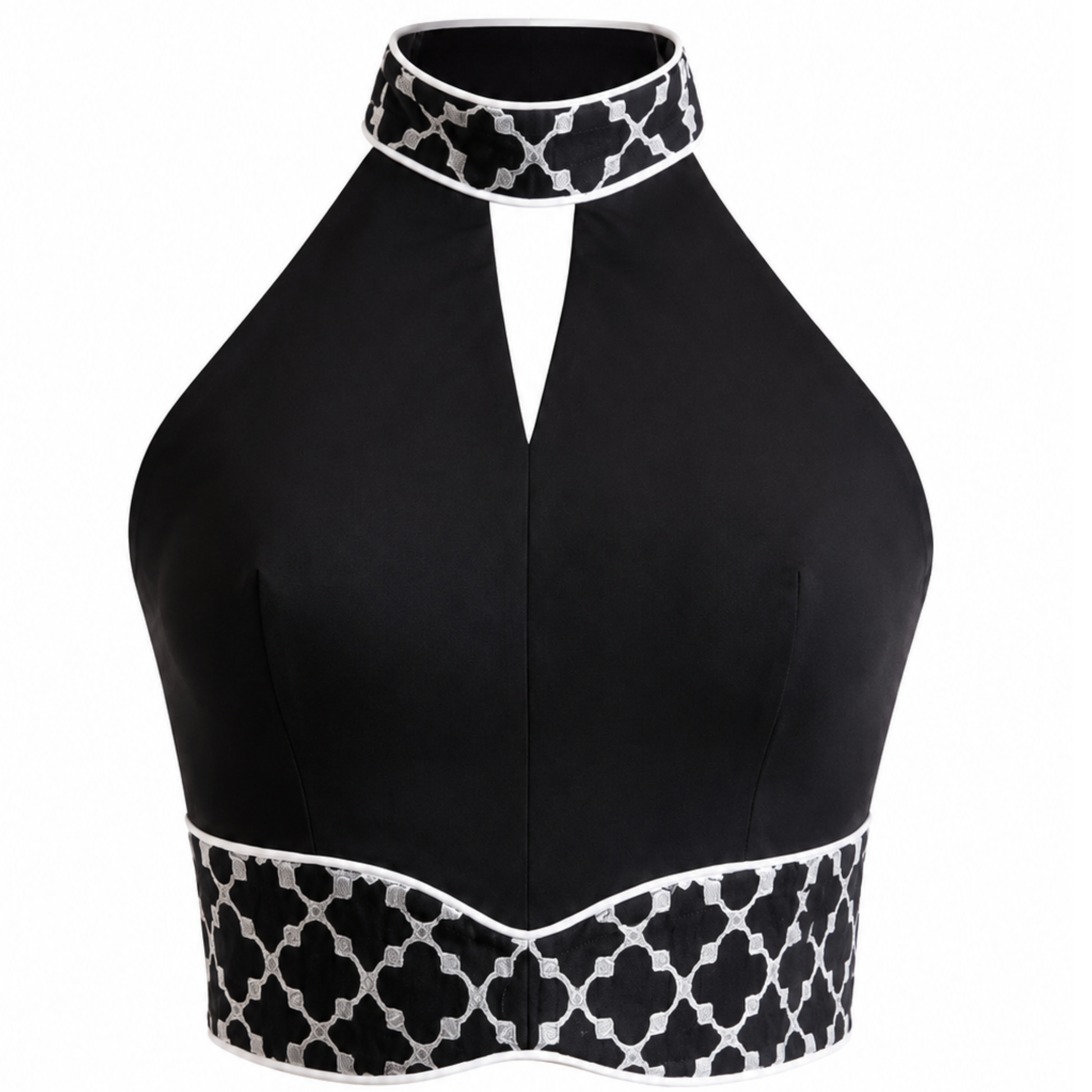 Black halter top with white geometric pattern 