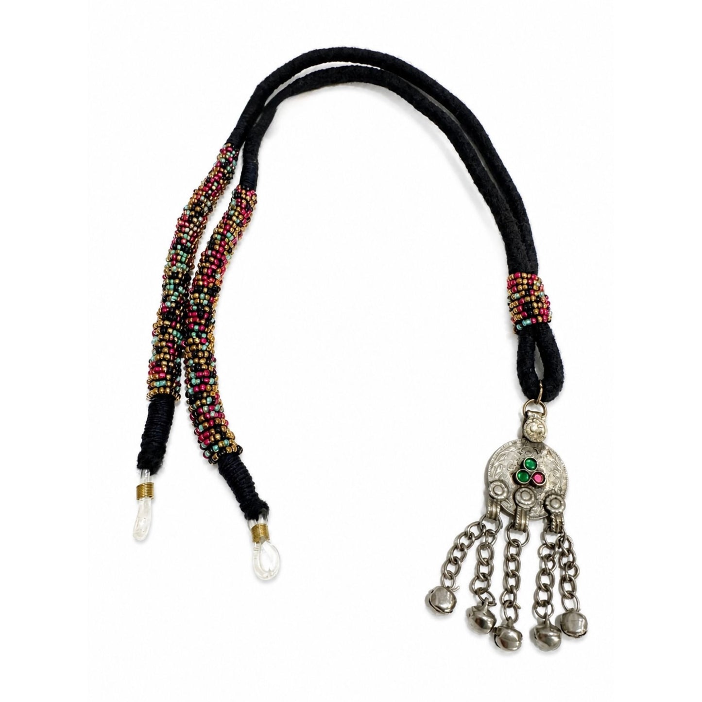 Black fabric handmade eyewear chain with metal pendant and colorful beads