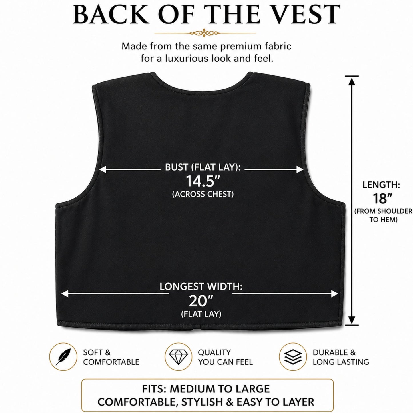 Back view of a black embroidered vest showing clean tailoring and comfortable layering fit.