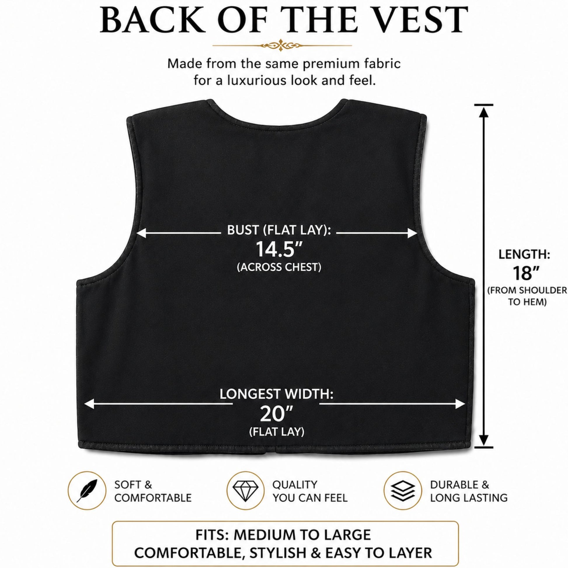 Back view of a black embroidered vest showing clean tailoring and comfortable layering fit.