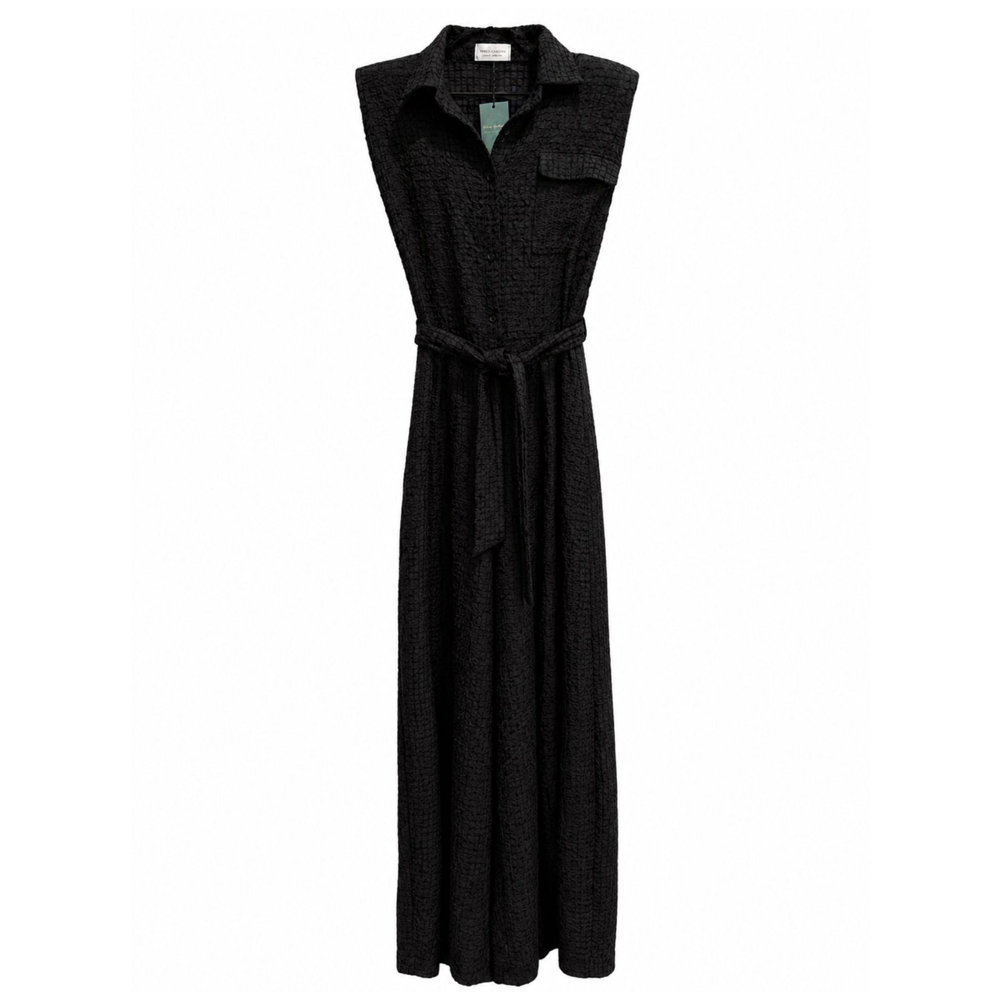 Black sleeveless jumpsuit with a belt