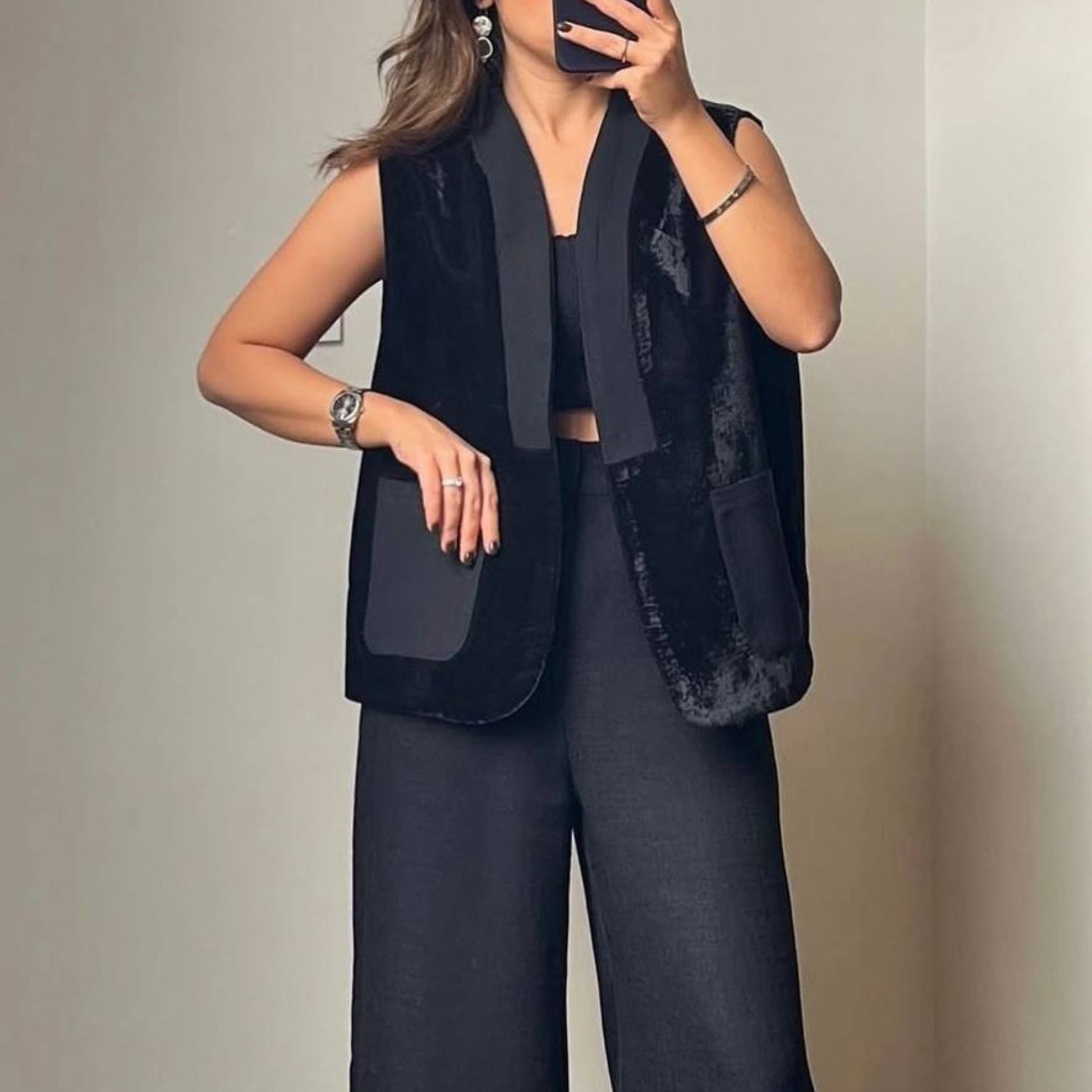 Black velvet sleeveless vest front view oversized blazer style