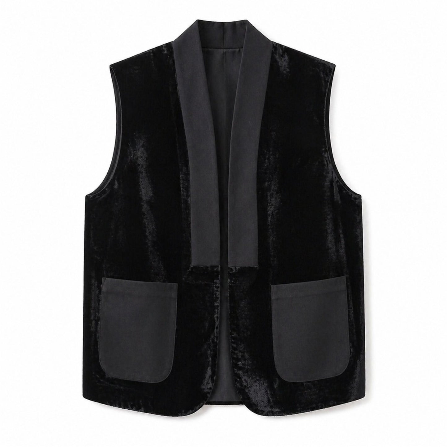 Black velvet vest with front pockets detail
