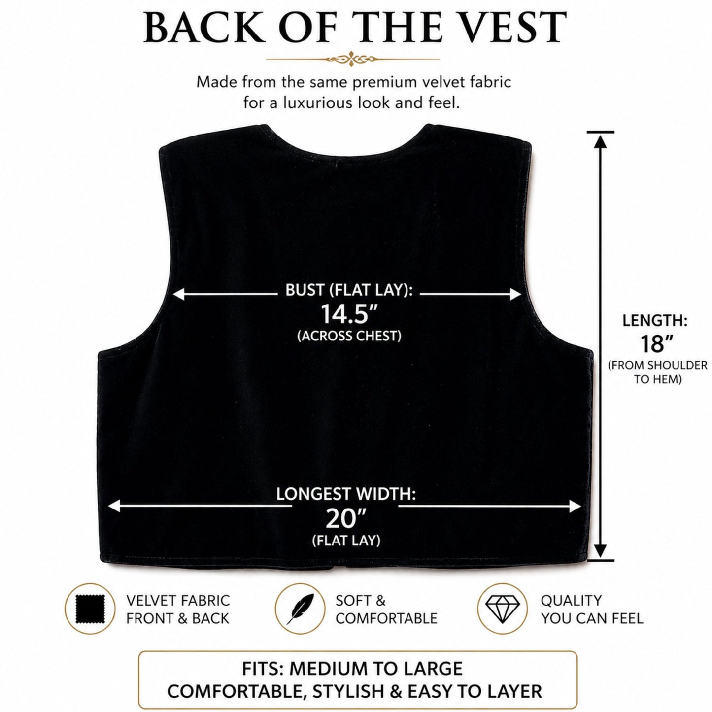 Back view of handmade black velvet pearl beaded vest featuring premium velvet fabric, size measurements, and comfortable medium to large fit